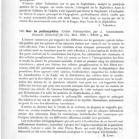 0146 - Page 142 - Analyses. Neuropathologie. Le syndrome bulbaire chez l'enfant, par le Professeur Filatoff... Revue de médecine russe / Sur la poliomyélite (Ueber Poliomyelitis), par A. Goldscheider. Deutsche Zeitschrift für klin. Med... / Les crises gastriques dans les tabes, par Fournier. Gazette des hôpitaux...