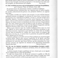 0181 - Page 177 - Analyses. Neuropathologie. Fragments neurologiques (Neurological fragments), par Hughlings Jackson. The Lancet... / Des troubles nerveux qui accompagnent et suivent les phlébites, par S. Marinco. Thèse de doctorat, Paris, 1893 / Un cas de diabète insipide et de myxoedeme d'origine syphilitique, par le Professeur Pospieloff... Revue de médecine russe...