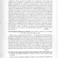 0300 - Page 296 - Analyses. Neuropathologie. Quelques définitions récentes de l'hystérie, par Pierre Janet, Archives de neurologie... / Paralysie agitante et hystérie, par Chabbert. Archives de neurologie... / Sur les soi-disant neuroses traumatiques et leur simulation, par H. Higier... Wiener mediz. Presse...