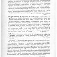 0328 - Page 324 - Analyses. Anatomie, physiologie. Contribution clinique à la physiopathologie des lobes préfrontaux, par G. d'Abundo. Annali di Neurologia... / Conséquences de l'excision du nerf optique sur la rétine de quelques vertébrés (Consegenze della recisione del nervo ottico nella retina di alcuni vertebrati), par Colucci. Annali di neurologia... / Influence du système nerveux sur la pathogenèse de l'ulcère de l'estomac (L'influenza del sistema nervoso nella patogenesi dell' ulcera dello stomaco), par Lorenzi. La rassegna di scienze mediche... / Contribution à l'étude d'un nouveau mode de la sensibilité cutanée : « Sensibilité hygrique », par R. Tambroni. Rivista sperim. di frenatria...