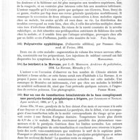 0425 - Page 421 - Analyses. Neuropathologie. Névrite périphérique à la suite de rougeole (Peripheral Neuritis after Measles), par T.-R. Mouro. The Lancet... / Polynévrite syphilitique (Polinevrite sifilitica), par Perrero. Gaz. med. di Torino... / Le béribéri à la Havane, par J.-R. Montalvo. Archivas de policlinica... / Sur un cas de tuméfaction hémilatérale de la face compliquant une paralysie faciale périphérique a frigore, par Josserand et Nicolas. Lyon médical... / Crampe du nerf spinal avec participation de la corde vocale (Accessoriuskrampf mit Stimmbandbetheiligung), par C. Gerhardt. Münch. med. Woch...