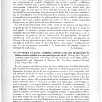 0426 - Page 422 - Analyses. Neuropathologie. Crampe du nerf spinal avec participation de la corde vocale (Accessoriuskrampf mit Stimmbandbetheiligung), par C. Gerhardt. Münch. med. Woch... / Névralgie du grand occipital associée avec des symptômes de lésions destructives du sympathique cervical (Neuralgia of the great occipital nerve associated with symptoms of a destructive lesion of the cervical sympathetic), par Alexander B. Johnson. The New-York medical Journal...