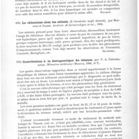 0435 - Page 431 - Analyses. Thérapeutique. De la valeur de l'action somnifère du trional chez les individus atteints d'affections nerveuses et mentales, par le Dr K. Ruhklinski. Kronika lekarska... / Le chloralose chez les aliénés (Il cloralosio negli alienati), par Massaro et Salemi. Archivio di farmacologia et ter... / Contribution à la thérapeutique du tétanos, par P. A. Préobrajenski. Mémoires médicaux...