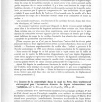 0438 - Page 434 - Analyses. Thérapeutique. Contribution à l'étude de la trépanation du rachis dans les fractures de la colonne vertébrale, par Marion. Th. Bordeaux... 1893 / Causes de la paraplégie dans le mal de Pott. Son traitement chirurgical par l'ouverture directe du foyer tuberculeux des vertèbres, par V. Ménard. Revue d'orthopédie...