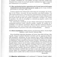 0512 - Page 508 - Analyses. Neuropathologie. Pathogénèse de l'éclampsie de l'enfance (Patogenes dell' eclampsia dell' infanzia), par Mya. La Pediatria... / Des paralysies hystéro-opératoires de l'avant-bras et de la main consécutives à des interventions sur le coude, par Ch. Audry. Archives provinciales de chirurgie... / Fièvre hystérique (Febbre isterica), par Santangelo Spoto. Gazetta degli Ospedali e delle Cliniche... / Migraine ophtalmique, par le Professeur T. Thomayer. Casopis ceskych lékaru...