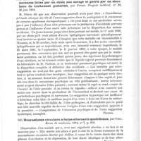 0537 - Page 533 - Analyses. Neuropathologie. Apoplexie hystérique ; difficultés du diagnostic différentiel entre cette apoplexie et l'hémiplégie cérébrale vulgaire, par Rendu. Semaine médicale... / Accidents hystériques épileptiformes survenus à la suite de morsures faites par un chien non enragé et guéris par un simulacre de traitement pastorien, par Pitres. Progrès médical... / Neurasthénie circulaire à forme alternante quotidienne, par Oddo. Revue de médecine... / Le champ visuel des névropathes et psychopathes (Ulteriori osservazioni sul campo visivo dei nevropatici e psicopatici), par Parisotti. Bollett. della R. Accad. medica di Roma...