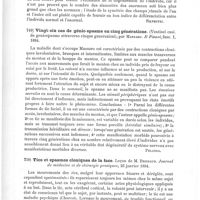 0538 - Page 534 - Analyses. Neuropathologie. Le champ visuel des névropathes et psychopathes (Ulteriori osservazioni sul campo visivo dei nevropatici e psicopatici), par Parisotti. Bollett. della R. Accad. medica di Roma... / Vingt-six cas de génio-spasme en cinq générations (Ventisei casi. de geniospasmo attraverso cinque generazioni), par Massaro. Il Pisani... / Tics et spasmes cloniques de la face. Leçon de M. Brissaud. Journal de médecine et de chirurgie pratiques...