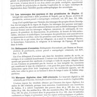 0543 - Page 539 - Analyses. Psychiatrie. Polydactylie et dégénération (Polidactilia e degenerazione), par Santangelo Spoto. Archivio di psichiatria, scienze penali e antropologia criminale... / Les tatouages des paysans et des prostituées de Naples (Il tatuagii dei camorristi e delle prostitute di Napoli), par de Blasio. Archivio di psichiatria, scienze penali e antropologia criminale... / Délinquant d'occasion (Delinquente d'occasione), par Rineiri de Rocchi. Archivio di psichiatria, scienze penali e antropologia criminale... / Marques digitales chez 140 criminels (Le impronte digitali in 140 criminali), par d'Abundo. Societa fra i cultori delle scienze mediche...