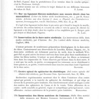0558 - Page 554 - Analyses. Anatomie et physiologie. Contribution à l'étude de l'anatomie du ruban de Reil (Beiträge zur Anatomie der Schleife), von Dr Hüsel... Neurologisches Centralbatt... / Sur un ligament fibreux médullaire non encore décrit chez les mammifères (Ueber ein bisher nicht beschriebenes, etc...), par H. Schlesinger. Arbeiten aus dem Institut f. Anat. u. Physiol. des Centralnerven systems, herausgegeben, von H. Obersteiner... / Innervation de la dure-mère cérébrale (La innervazione della dura madre cerebrale), par d'Abundo. Soc. fra i cultori della Scienze mediche... / Centre spinal du sphincter du cholédoque (Sul centro spinale del sfintere del coledoco), par Ruggero Oddi. Sperimentale... / Innervation des fibres motrices de l'estomac (Sulle fibre motrici dello stomaco), par Michele Consiglio. Spérimentale...