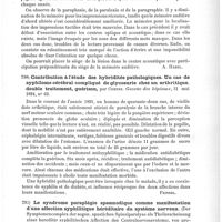 0573 - Page 569 - Analyses. Neuropathologie. Deux cas d'aphasie, par le Dr Hans Gossen. Archiv für Psychiatrie und Nervenkrankheiten... / Contribution à l'étude des hybridités pathologiques. Un cas de syphilome cérébral compliqué de glycosurie chez un arthritique, double traitement, guérison, par Ozenne. Gazette des hôpitaux... / Le syndrome paraplégie spasmodique comme manifestation d'une affection syphilitique héréditaire du système nerveux (Der Symptomencomplex der sogen. spastichen Spinalparalyse als Theilerscheinung einer hereditär syphilitischen Affection des Centralnervensystems), von Professeur J. Hoffmann... Neurologisches Centralbatt...