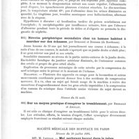 0578 - Page 574 - Sociétés savantes. Association française pour l'avancement des sciences. Session de Caen. Séance du 11 août. Accidents cérébraux au dix-neuvième jour d'une scarlatine coïncidant avec une oligurie sans albuminurie, par Le Gendre / Névrite périphérique secondaire chez un homme habitué à marcher sur des échasses, par Bergonié et Bordier... / Séance du 14 août. Sur un moyen pratique d'exagérer le tremblement, par Regnault et Azoulay / Société médicale des hôpitaux de Paris. Séance du 20 juillet 1894. M. Letulle. Mal perforant buccal dans les tabes