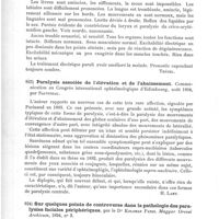 0594 - Page 590 - Analyses. Neuropathologie. Un cas de paralysie bulbaire progressive consécutive à l'influenza (Ein Fall von progressiver Bulbär-paralysis nach Influenza), par Stembo. Saint-Petersburger medicinische Wochenschrift... / Paralysie associée de l'élévation et de l'abaissement. Communication au Congrès international ophtalmologique d'Edimbourg... par Sauvineau / Sur quelques points de controverse dans la pathologie des paralysies faciales périphériques, par le Dr Koloman Pandi. Magyar Orvosi Archivum...