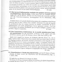0624 - Page 620 - Analyses. Anatomie pathologique. Sur l'abcès de la moelle (Ueber Rückenmarksabscess), par H. Schlesinger. Arbeiten aus dem Institut für Anatomie und Physiologie des Centralnervensystems aus der Wiener Universität... / Sur un cas d'inflammation multiple du système nerveux central et périphérique chez le chien (Ueber einen Fall von multipler Entzündung, etc.), par H. Dexler. Arbeiten aus dem Institut für Anatomie und Physiol. des Centralnervensystems... / Sur l'association d'altérations de la moelle épinière avec l'anémie pernicieuse (On the association of disease of the spinal cord with pernicious anaemia), par H. M. Bowman. Brain... / Contribution à l'étude des polynévrites, par les Drs Giese et Pagenstecher... Archiv für Psychiatrie und Nervenkrnakheiten...