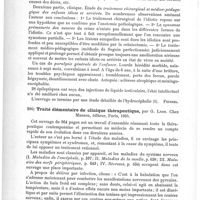 0732 - Page 728 - Bibliographie. Recherches cliniques et thérapeutiques sur l'épilepsie, l'hystérie, l'idiotie et l'hydrocéphalie, compte rendu du service des enfants idiots, épileptiques et arriérés de Bicêtre pendant l'année 1893, par Bourneville... Paris, au Progrès médical, et chez Félix Alcan, 1894 / Traité élémentaire de clinique thérapeutique, par G. Lyon. Chez Masson, éditeur, Paris, 1895
