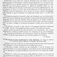 0021 - Page 17 - Analyses. Neurologie. Études spéciales. Cerveau. Les aphasies, par V. Beduschi... Tipographia indipendanza... / Un cas de lésion lenticulaire sans aphasie, par Mahaim. Bulletin de l'Académie royale de médecine de Belgique...