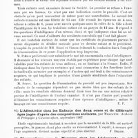 0038 - Page 34 - Analyses. Psychiatrie. Études générales. Psychologie. Mesure de l'intelligence chez les enfants, avec démonstrations, par A. Binet et Th. Simon. Bulletin de la Société clinique de médecine mentale... / L'affectivité chez les enfants des deux sexes et de différents âges jugée d'après des compositions scolaires, par Mercante. Archivio di Pedagogia y Ciencias afines... / Observations sur la mémoire chez les adolescents et les aliénés, par G.-L. Duprat... Revue de psychiatrie et de psychologie expérimentale...