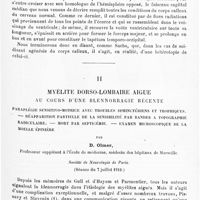 0069 - Page 65 - Mémoires originaux. I. Contribution à l'anatomie et à la pathogénie de la soi-disant agénésie du corps calleux, par La Salle Archambault... / II. Myélite dorso-lombaire aiguë au cours d'une blennorragie récente. Paraplégie sensitivo-motrice avec troubles sphinctériens et trophiques. - Réapparition partielle de la sensibilité par bandes à topographie radiculaire. - Mort par septicémie. - Examen microscopique de la moelle épinière, par D. Olmer...