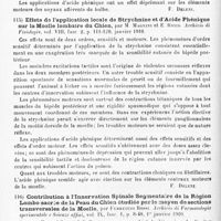 0078 - Page 74 - Analyses. Neurologie. Études générales. Physiologie. Effets de l'application locale de strychnine et de phénol sur la face dorsale du bulbe du chien, par M. Magnini et A. Bartolomei. Archivio di Fisiologia... / Effets de l'application locale de strychnine et d'acide phénique sur la moelle lombaire du chien, par M. Magnini et E. Ricco. Archivio di Fisiologia... / Contribution à l'innervation spinale segmentaire de la région lombo-sacrée de la peau du chien étudiée par le moyen de sections transversales de la moelle, par Ferruccio Rossi. Archivio di Farmacologia sperimentale e Scienze affini...