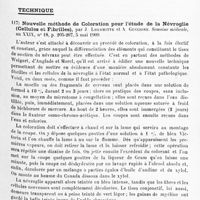 0079 - Page 75 - Analyses. Neurologie. Études générales. Physiologie. Contribution à l'innervation spinale segmentaire de la région lombo-sacrée de la peau du chien étudiée par le moyen de sections transversales de la moelle, par Ferruccio Rossi. Archivio di Farmacologia sperimentale e Scienze affini... / Technique. Nouvelle méthode de coloration pour l'étude de la névroglie (cellules et fibrilles), par J. Lhermitte et A. Guccione. Semaine médicale...