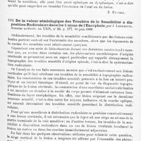 0083 - Page 79 - Analyses. Neurologie. Études spéciales. Cerveau. La syphilis displasique, par F. Delbet. La Presse médicale... / De la valeur sémiologique des troubles de la sensibilité à disposition radiculaire dans les lésions de l'encéphale, par J. Lhermitte. Semaine médicale...