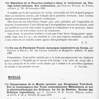 0088 - Page 84 - Analyses. Neurologie. Études spéciales. Organes des sens. Absence d'iritis et de chorodite chez les syphilitiques devenus tabétiques, par E.-F. Snydacker... The Journal of the American medical Association... / Cas de surdité tabétique, par Dan Mac Kenzie. Proceedings of the royal Society of Medicine of London... Otological Section... / Résultats de la ponction lombaire dans le traitement du vertige labyrinthique. Ses indications, par Édouard Molard. La Tribune médicale... / Un cas de paralysie vocale chronique consécutive au Croup, par Gaujoux et Brunel. Soc. des sciences médicales et Montpellier médical... / Moelle. Compression de la moelle épinière par néoplasme vertébral. Sur la connaissance des voies commissurales médullaires et sur la physiopathologie des réflexes. La loi de Bastian. Genèse des réflexes superficiels, par G. Severino et R. Ciauri. Riforma medica...