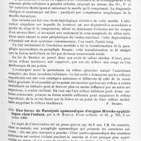 0089 - Page 85 - Analyses. Neurologie. Études spéciales. Moelle. Compression de la moelle épinière par néoplasme vertébral. Sur la connaissance des voies commissurales médullaires et sur la physiopathologie des réflexes. La loi de Bastian. Genèse des réflexes superficiels, par G. Severino et R. Ciauri. Riforma medica... / Une forme de paralysie spasmodique d'origine hérédo-syphilitique chez l'enfant, par A.-B. Marfan. Presse médicale...