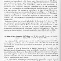 0090 - Page 86 - Analyses. Neurologie. Études spéciales. Moelle. Une forme de paralysie spasmodique d'origine hérédo-syphilitique chez l'enfant, par A.-B. Marfan. Presse médicale... / Les crises nasales du tabes, par M. Klippel et J. Lhermitte. Semaine médicale...