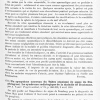 0091 - Page 87 - Analyses. Neurologie. Études spéciales. Moelle. Les crises nasales du tabes, par M. Klippel et J. Lhermitte. Semaine médicale... / Un symptôme nouveau du tabes ataxique (le signe du diaphragme). Le syndrome radiologique de la maladie de Duchenne, par A. Varet. Progrès médical...