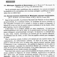 0094 - Page 90 - Analyses. Neurologie. Études spéciales. Moelle. Intervention chirurgicale dans les traumatismes du rachis et de la moelle, par Sencert... XXIIe Congrès français de chirurgie... / Méninges. Méninges, syphilis et saturnisme, par A. Marie et P. Beaussart. La Clinique... / Pseudo-tumeurs cérébrales et méningite séreuse ventriculaire, par F. Raymond. La Presse médicale...