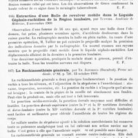 0096 - Page 92 - Analyses. Neurologie. Études spéciales. Méninges. Sur l'importance diagnostique du réflexe collatéral des membres inférieurs dans les méningites des enfants, par Ciro Mauro Greco... Revue d'hygiène et de médecine infantiles... / Extraction d'une balle de revolver mobile dans le liquide céphalo-rachidien de la région lombaire, par Tuffier. Académie de médecine... / La rachianesthésie générale, par Th. Jonnesco... Presse médicale...