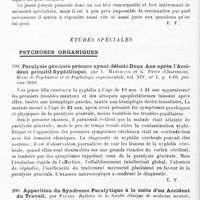 0108 - Page 104 - Analyses. Psychiatrie. Études générales. Psychologie. Un imbécile calculateur, par Blin. Bulletin de la Société clinique de médecine mentale... / Études spéciales. Psychoses organiques. Paralysie générale précoce ayant débuté deux ans après l'accident primitif syphilitique, par L. Marchand et G. Petit... Revue de psychiatrie et de psychologie expérimentale... / Apparition du syndrome paralytique à la suite d'un accident du travail, par Pactet. Bulletin de la Société clinique de médecine mentale...