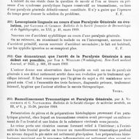 0109 - Page 105 - Analyses. Psychiatrie. Études spéciales. Psychoses organiques. Apparition du syndrome paralytique à la suite d'un accident du travail, par Pactet. Bulletin de la Société clinique de médecine mentale... / Leucoplasie linguale au cours d'une paralysie générale en évolution, par Gaucher et Cesbron. Bulletin de la Société française de dermatologie et de syphiligraphie... / Cas démontrant que l'arrêt de la paralysie générale à son début est possible, par Tom A. Williams... New-York medical Journal... / Ramollissement traumatique et paralysie générale, par A. Vigouroux et G. Naudascher. Bulletin de la Société clinique de médecine mentale... / Sur le traitement de la paralysie générale, par Ch. Laubry. Tribune médicale...