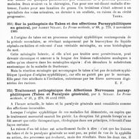 0180 - Page 176 - Analyses. Neurologie. Études spéciales. Moelle. Sur un cas d'ostéo-arthropathie tabétique de la colonne vertébrale. Examen radiographique, par Joseph Roasenda... Nouvelle iconographie de la Salpêtrière... / Quelques points du diagnostic différentiel de l'ataxie locomotrice, par Charles W. Burr... New-York medical Journal... / Sur la pathogénie du tabes et des affections parasyphilitiques en général, par Albert Sézary. La Presse médicale... / Traitement pathogénique des affections nerveuses parasyphilitiques (Tabes et paralysie générale), par A. Sézary. La Presse médicale...