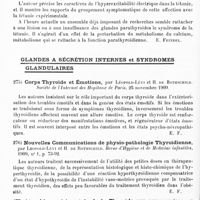 0188 - Page 184 - Analyses. Neurologie. Études spéciales. Nerfs périphériques. Sur la tétanie héréditaire, par Odoardo Ascenzi. Rivista sperimentale di Freniatria... / Sur la conception actuelle de la tétanie infantile, par P. Harvier. Revue mensuelle de médecine interne et de thérapeutique... / Glandes à sécrétion internes et syndromes glandulaires. Corps thyroïde et émotions, par Léopold-Lévi et H. de Rothschild. Société de l'internat des hôpitaux de Paris... / Nouvelles communications de physio-pathologie thyroïdienne, par Léopold-Lévi et H. de Rothschild. Revue d'hygiène et de médecine infantiles... / Atrophie expérimentale de la thyroïde par compression, par Axel Verelins... Journal of the American medical Association... / Sur les altérations de la glande thyroïde consécutives à la résection du sympathique cervical, par Alberto Missiroli. Archivio di Fisiologia...