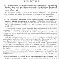 0200 - Page 196 - Analyses. Psychiatrie. Études spéciales. Psychoses constitutionnelles. Syndrome de Ganser et délire d'interprétation, par F. d'Hollander... L'Encéphale... / Thérapeutique. Les infirmiers des manicomes doivent être inscrits sur la liste des ouvriers pour qui l'assurance contre les accidents du travail est obligatoire, par Vitige Tirelli. IIe Congrès international des accidents du travail... / Du traitement dans des asiles communs des aliénés, épileptiques et idiots adolescents et adultes (Behandlung jugendlicher u erwachsener Geisteskranken, Epileptiker u. Idioten in gemeinsamer Anstalt), par K. Alt... Allgem. z. f. Psych. u. Neurol... / Contribution à l'étude de la rachianalgésie (statistique), par Abadie et G. Pélissier... Province médicale...