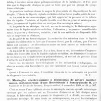 0280 - Page 276 - Analyses. Neurologie. Études spéciales. Méninges. Le diagnostic de la méningite aiguë otogène, par Marcel Lermoyez... XVIe Congrès international de médecine... / Méningite cérébro-spinale à diplocoque de nature indéterminée, contemporaine d'une bactériémie à paratyphoïde B, par Salebert et Louis... Progrès médical... / Méningite cérébro-spinale chez un enfant de deux mois. Diagnostic fait au moyen de la ponction du ventricule latéral. Traitement par des injections intra-ventriculaires de sérum anti-méningitique de Flexner, par Louis Fischer... New-York medical Journal...
