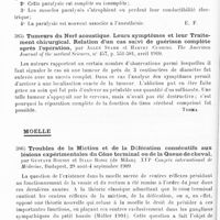 0320 - Page 316 - Analyses. Neurologie. Études spéciales. Protubérance et bulbe. État actuel de la question des paralysies récurrentielles, paralysies d'origine cérébrale et bulbaire, par Jules Broeckaert... XVIe Congrès international de médecine... / Tumeurs du nerf acoustique. Leurs symptômes et leur traitement chirurgical. Relation d'un cas suivi de guérison complète après l'opération, par Allen Starr et Harvey Cushing. The American Journal of the medical Sciences... / Moelle. Troubles de la miction et de la défécation consécutifs aux lésions expérimentales du cône terminal ou de la queue de cheval, par Gustave Roussy et Italo Rossi... XVIe Congrès international de médecine...