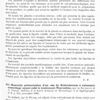 0327 - Page 323 - Analyses. Neurologie. Études spéciales. Dystrophies. Maladie de Basedow et grossesse, par E. Bonnaire. La Presse médicale... / Quelques considérations sur la toxicité des produits employés en opothérapie, et en particulier sur la thyroïde, par Chamagne... XVIe Congrès international de médecine... / Nouvelle présentation d'un cas de sclérodermie à extension centrifuge ayant subi le traitement thyroïdien, par De Beurmann et A. Vernes. Bulletin de la Société française de dermatologie et de syphiligraphie...