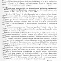 0419 - Page 415 - Analyses. Neurologie. Études spéciales. Méninges. Hémorragie méningée ; réaction méningée à forme de méningite cérébro-spinale ; guérison par la ponction lombaire, par Tézenas du Montcel, Choupin et Martin. Société des sciences médicales de Saint-Étienne... Loire médicale... / Hémorragie méningée avec abluminurie massive transitoire ; guérison après six ponctions lombaires, par Genes et Lafond. Loire médicale... / Nerfs périphériques. Contribution à l'étude des tumeurs primitives du nerf sciatique, par Louis Martel. Thèse de Paris... 1910...