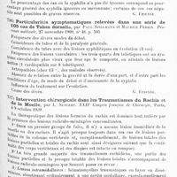 0503 - Page 499 - Analyses. Neurologie. Études spéciales. Moelle. Le rôle de la syphilis dans l'étiologie du tabes dorsalis, par P. Spillmann et M. Perrin. La Province médicale... / Particularités symptomatiques relevées dans une série de 105 cas de tabes dorsalis, par Paul Spillmann et Maurice Perrin. Province médicale... / Intervention chirurgicale dans les traumatismes du rachis et de la moelle, par L. Sencert. XXIIe Congrès français de chirurgie...