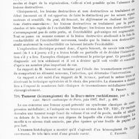 0504 - Page 500 - Analyses. Neurologie. Études spéciales. Moelle. Intervention chirurgicale dans les traumatismes du rachis et de la moelle, par L. Sencert. XXIIe Congrès français de chirurgie... / Tumeur (hémangiome) de la dure-mère rachidienne, par A. Sézary. Société anatomique de Paris..., Bull... / Méninges. Un cas de rhinorrhée cérébro-spinale avec atrophie optique bilatérale, par Norman H. Pike. British medical Journal...