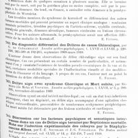 0519 - Page 515 - Analyses. Psychiatrie. Études spéciales. Psychoses toxi-infectieuses. Étude clinique des troubles mentaux dans le syndrome de Korsakoff, par A. Féret. Thèse de Paris... 1910... / Du diagnostic différentiel des délires de cause chloralique, par G. de Clérambault. Annales médico-psychologiques... / Délire aigu avec syndrome choréique et mort subite, par Rémond... et Voivenel... Annales médico-psychologiques... / Discussion sur les facteurs psychiques et somatiques intervenus dans un cas de délire aigu terminé par septicémie mortelle. Note sur l'infection expérimentale des cobayes par le staphylococcus albus, par E.-E. Southard et J.-G. Fitzgerald. The Boston medical and surgical Journal...