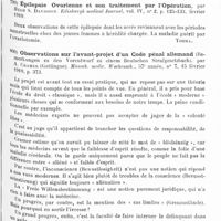 0525 - Page 521 - Analyses. Thérapeutique. Le traitement de la maladie de Basedow (Die Behandlung des Basedowschen Krankheit), par A. Kocher... Münsch. med. Wochensch... / Épilepsie ovarienne et son traitement par l'opération, par Hugh S. Davidson. Edinburgh medical Journal... / Observations sur l'avant-projet d'un code pénal allemand (Bemerkungen zu den Vorentwurf zu einem Deutschen Strafgesetzbuch), par A. Cramer... Münsch. medic. Wochensch... / Opération de la cataracte chez les aliénés, par Francisco M. Fernandez... Medical Record...