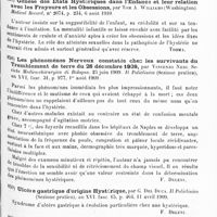 0589 - Page 585 - Analyses. Neurologie. Études spéciales. Névroses. Le rôle du médecin en créant ou en maintenant par des suggestions maladroites les maladies produites par l'imagination, par Tom A. Williams. Bulletin médical de Québec... / Genèse des états hystériques dans l'enfance et leur relation avec les frayeurs et les obsessions, par Tom A. Williams... Medical Record... / Les phénomènes nerveux constatés chez les survivants du tremblement de terre du 28 décembre 1908, par Vincenzo Neri. Societa Medico-chirurgica di Bologna... Il Policlinico... / Ulcère gastrique d'origine hystérique, par G. Del Duca. Il Policlinico... / Un cas d'auto-accusation chez une hystéro-épileptique, par G. Bertoldi. Regia Accademia medica di Genova... Il Policlinico...
