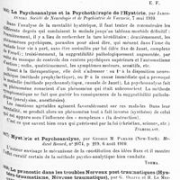 0591 - Page 587 - Analyses. Neurologie. Études spéciales. Névroses. Le diagnostic différentiel entre l'hystérie et d'autres maladies nerveuses, par Bychovski. Société de neurologie et de psychiatrie de Varsovie... / Difficultés du diagnostic entre les crises épileptiques frustes et certains tics convulsifs hystériques, par René Cruchet. Gazette des hôpitaux... / La psychoanalyse et la psychothérapie de l'hystérie, par Jaroszynski. Société de neurologie et de psychiatrie de Varsovie... / Hystérie et psychoanalyse, par George M. Parker... Medical Record... / Le pronostic dans les troubles nerveux post-traumatiques (hystéro-traumatisme, névrose traumatique), par G. Ollive et H. Le Meignen. Gazette médicale de Nantes... / Un cas d'hystérie traumatique locale, par G. Esposito... Rivista italiana di Neuropatologia, Psichiatria ed Elettroterapia...