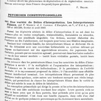 0595 - Page 591 - Analyses. Psychiatrie. Études spéciales. Psychoses organiques. Contribution à l'anatomie pathologique de la paralysie générale. Alterations viscérales. Considérations sur les plasmacellules, par Guinio Catola... Rivista di Patologia nervosa e mentale... / Sur quelques altérations des éléments nerveux dans la démence paralytique, par E. Bravetta. Societa Medico-chirurgica di Pavia... Il Policlinico... / Psychoses constitutionnelles. Une variété du délire d'interprétation. Les interprétateurs filiaux, par P. Sérieux et J. Capgras. L'Encéphale...