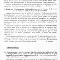 0020 - Page 16 - Analyses. Neurologie. Études générales. Anatomie. Sur l'innervation de la zone auriculaire droite qui répond à l'origine de la systole cardiaque, par R. Argaud. C.-R. de la Soc. de biologie... / Note sur l'innervation intracardiaque, par R. Argaud. C.-R. de la Soc. de biologie... / Physiologie. Contribution à la physiologie du labyrinthe. Note III. Effet de la labyrinthectomie chez le chien particulièrement en ce qui concerne l'innervation vasomotrice, par M. Camis. Folia Neuro-biologica... / Contributions à la physiologie du labyrinthe. Note IV. Observations nouvelles sur des phénomènes vaso-moteurs, par M. Camis... Archives italiennes de biologie...