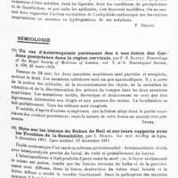 0023 - Page 19 - Analyses. Neurologie. Études générales. Physiologie Sur les liquides aptes à conserver la fonction des tissus survivants. Note VI. Sur la conservation de la fonction du système nerveux imbibé de solutions salines chez les mammifères d'espèces hibernantes et sur les conditions nécessaires à la conservation de la fonction des centres respiratoires, par Amedeo Herlitzka... Archivio di Fisiologia... / Sémiologie. Un cas d'astéréognosie paraissant due à une lésion des cordons postérieurs dans la région cervicale, par F.-E. Batten. Proceedings of the Royal Society of Medicine of London... Neurological Section... / Note sur les lésions du ruban de Reil et sur leurs rapports avec les troubles de la sensibilité, par L. Bériel. Soc. méd. des hôp. de Lyon... Lyon médical... / Sur la sensibilité profonde. Étude clinique, par Ermanno Cedrangolo... Giornale internazionale delle Scienze mediche...