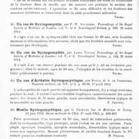 0030 - Page 26 - Analyses. Neurologie. Études spéciales. Moelle. Paraplégie spasmodique ; opération de Förster, amélioration considérable, par Cunéo. Société de chirurgie... / Traitement des douleurs persistantes d'origine organique dans la partie inférieure du corps par la section des cordons antéro-latéraux de la moelle, par William-G. Spiller et Edward Martin. The Journal of the American medical Association... / Un cas de syringomyélie, par P.-W. Saunders. Proceedings of the Royal Society of Medicine of London... Neurological Section... / Un cas de syringomyélie, par James Taylor... Proceedings of the Royal Society of Medicine of London... Neurological Section... / Un cas d'arthrite syringomyélique, par Rispal et A. de Verbizier. Toulouse médical... / Moelle syringomyélique, par G. Etienne. Soc. de médecine de Nancy... Revue médicale de l'Est... / Traitement kinésithérapique de la syringomyélie (ses indications), par P. Kouindjy. Rapport au IIIe Congrès de physiothérapie des médecins de langue française...