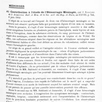 0031 - Page 27 - Analyses. Neurologie. Études spéciales. Moelle. Traitement kinésithérapique de la syringomyélie (ses indications), par P. Kouindjy. Rapport au IIIe Congrès de physiothérapie des médecins de langue française... / Méninges. Contribution à l'étude de l'hémorragie méningée, par J. Babinski et J. Jumentié. Bull. et mém. de la Soc. méd. des hôp. de Paris...